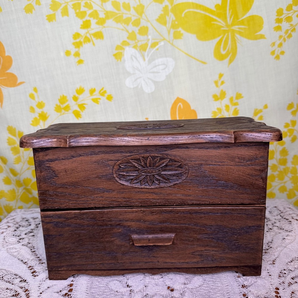 Vintage Lerner Faux Wood Jewelry Box Floral Medallion 2-Tier Storage Chest Brown